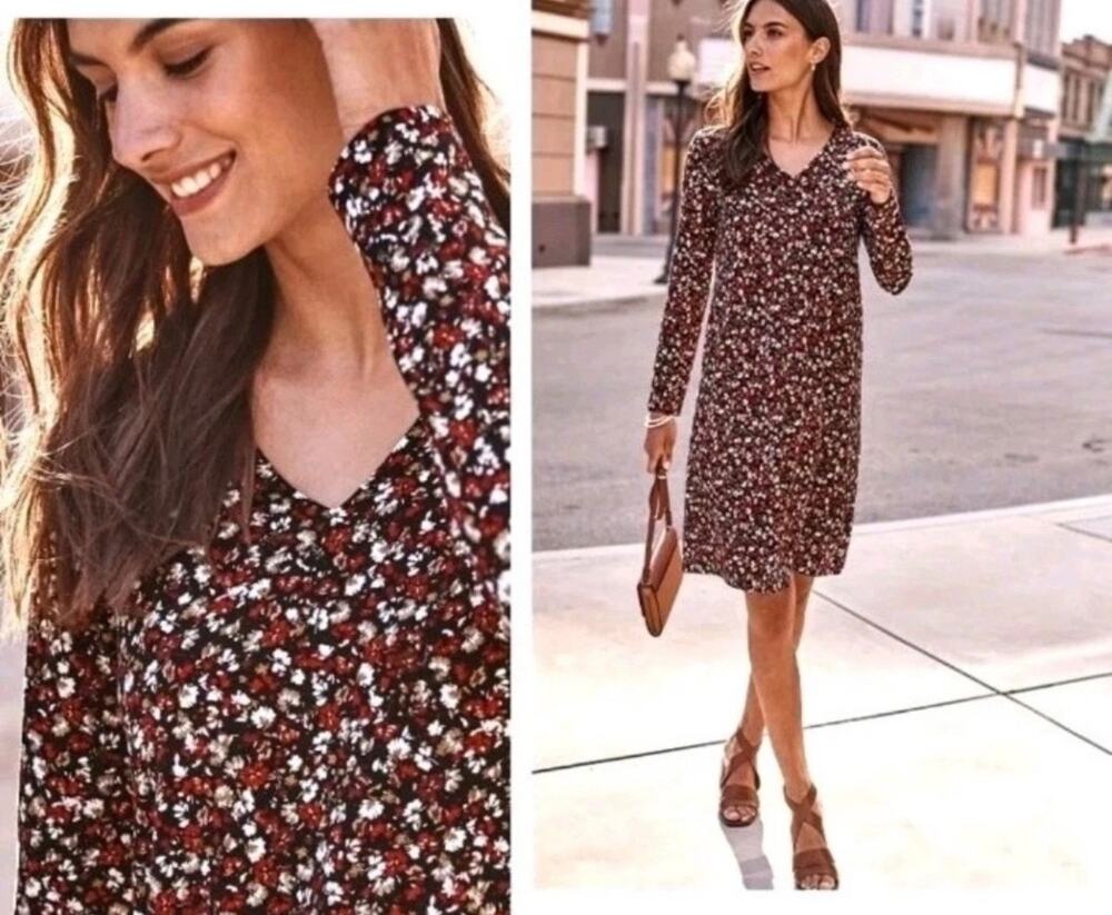 J. Jill Wearever Collection Long Sleeve Black Floral Knit Dress Size L Preowned